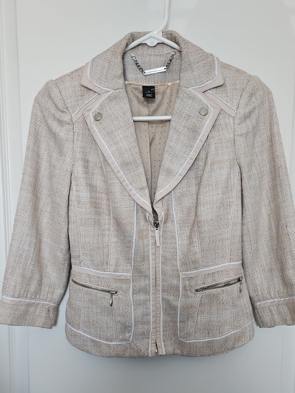 White House Black Market Cream-Taupe Tweed Zip Blazer